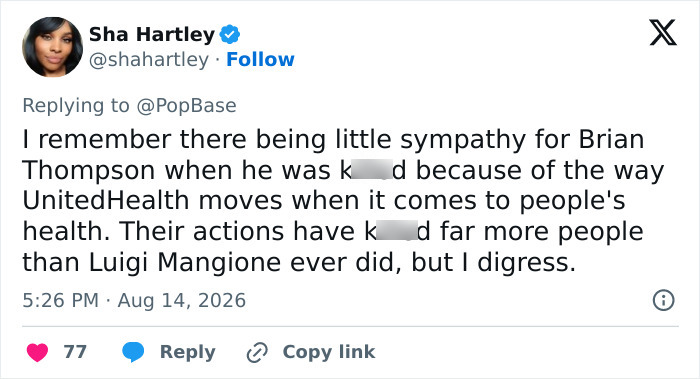 Sha Hartley tweet: Little sympathy for Brian Thompson due to UnitedHealthcare actions. Major update in Luigi Mangione case. Sha Hartley tweet: Little sympathy for Brian Thompson due to UnitedHealthcare actions. Major update in Luigi Mangione case.