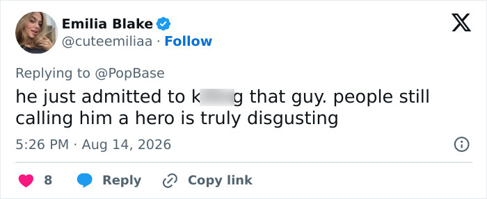Emilia Blake tweet: Admitted to k*****g, still called a hero. Major update in Luigi Mangione case. Emilia Blake tweet: Admitted to k*****g, still called a hero. Major update in Luigi Mangione case.