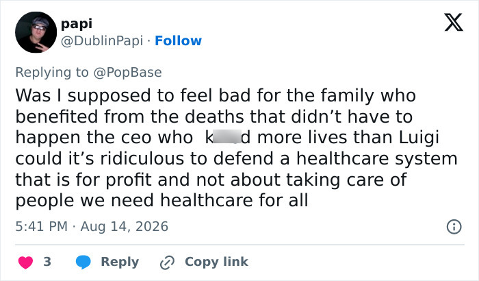 Papi's tweet about the Luigi Mangione case, UnitedHealthcare CEO, and healthcare system. Papi's tweet about the Luigi Mangione case, UnitedHealthcare CEO, and healthcare system.