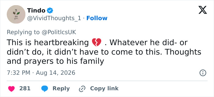 A social media post expressing sadness and offering thoughts and prayers regarding the Cambridge Professor scandal. A social media post expressing sadness and offering thoughts and prayers regarding the Cambridge Professor scandal.