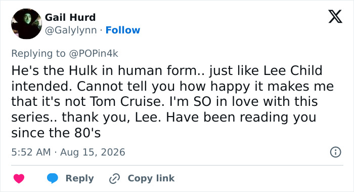 Screenshot of a tweet by Gail Hurd praising Alan Ritchson's shirtless moment as Hulk-like and preferring him over Tom Cruise. Screenshot of a tweet by Gail Hurd praising Alan Ritchson's shirtless moment as Hulk-like and preferring him over Tom Cruise.