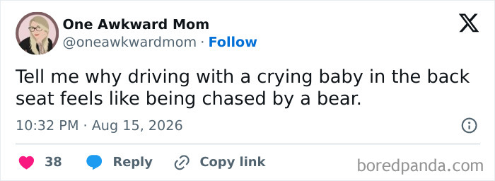 A tweet from One Awkward Mom about the comedy of raising kids, comparing driving with a crying baby to being chased by a bear.
