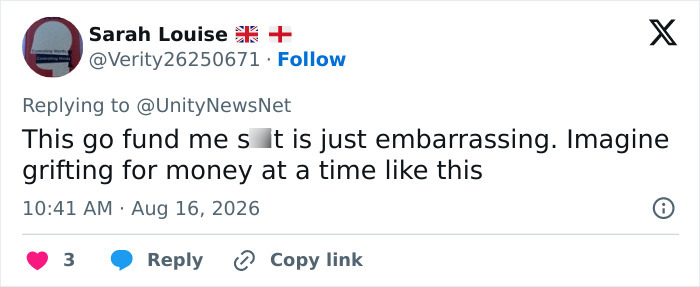 A Sarah Louise tweet expressing embarrassment about the GoFundMe in the PhD plagiarism scandal. A Sarah Louise tweet expressing embarrassment about the GoFundMe in the PhD plagiarism scandal.