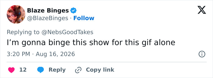 A fan's reaction to Alan Ritchson's shirtless moment, tweeting 'I'm gonna binge this show for this gif alone'. A fan's reaction to Alan Ritchson's shirtless moment, tweeting 'I'm gonna binge this show for this gif alone'.