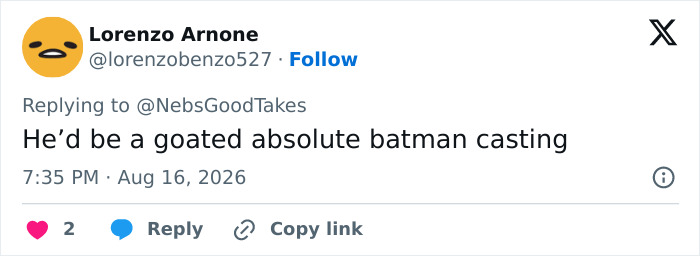 Screenshot of a tweet praising Alan Ritchson as a goated absolute Batman casting. Screenshot of a tweet praising Alan Ritchson as a goated absolute Batman casting.