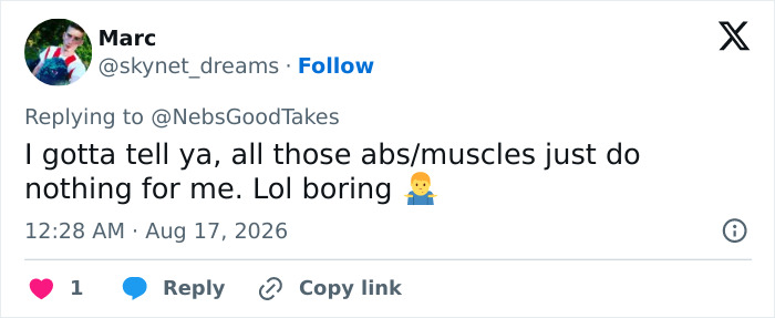 Screenshot of a tweet by Marc expressing boredom with Alan Ritchson's abs/muscles despite his shirtless moment. Screenshot of a tweet by Marc expressing boredom with Alan Ritchson's abs/muscles despite his shirtless moment.