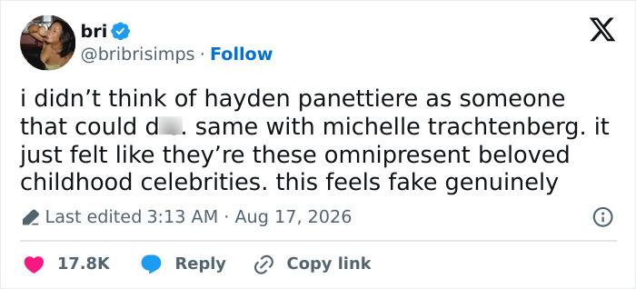 A tweet by Bri, sharing disbelief about Hayden Panettiere's heartbreaking final days and Hollywood allegedly turning on her. A tweet by Bri, sharing disbelief about Hayden Panettiere's heartbreaking final days and Hollywood allegedly turning on her.