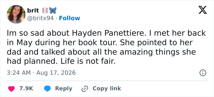 Tweet from a fan expressing sadness about Hayden Panettiere's heartbreaking final days and book tour. Tweet from a fan expressing sadness about Hayden Panettiere's heartbreaking final days and book tour.