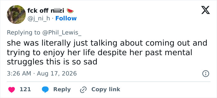 A social media post about Hayden Panettiere's passing, mentioning her mental struggles and sadness. A social media post about Hayden Panettiere's passing, mentioning her mental struggles and sadness.