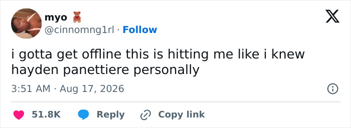 Tweet reflecting the emotional impact of Hayden Panettiere's heartbreaking final days on a fan. Tweet reflecting the emotional impact of Hayden Panettiere's heartbreaking final days on a fan.