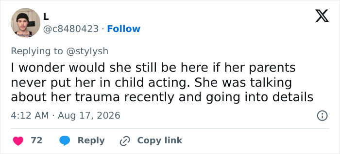A social media post questioning Hayden Panettiere's childhood acting and trauma.