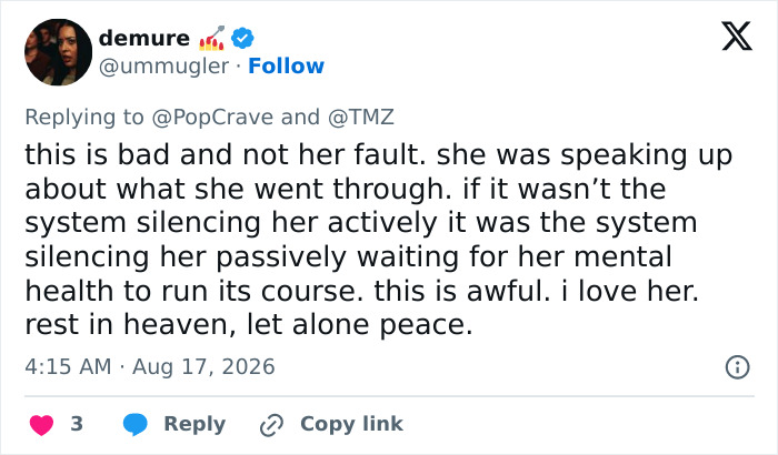 Hayden Panettiere fan expresses sorrow, noting her speaking up and hinting at a system silencing her. Hayden Panettiere fan expresses sorrow, noting her speaking up and hinting at a system silencing her.