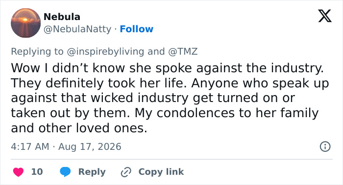 A fan tweets condolences and suspicion, suggesting Hayden Panettiere was taken out for speaking against the industry, fueling dark theory. A fan tweets condolences and suspicion, suggesting Hayden Panettiere was taken out for speaking against the industry, fueling dark theory.