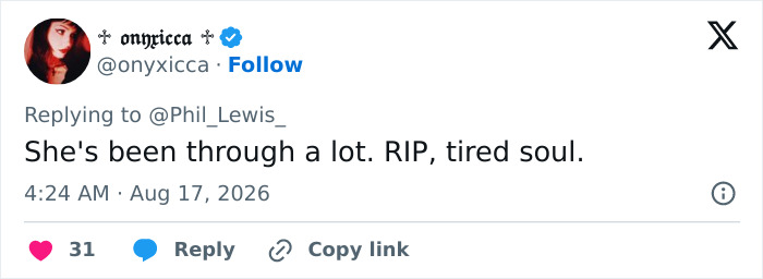 A social media comment offering condolences, stating RIP, tired soul for Hayden Panettiere. A social media comment offering condolences, stating RIP, tired soul for Hayden Panettiere.