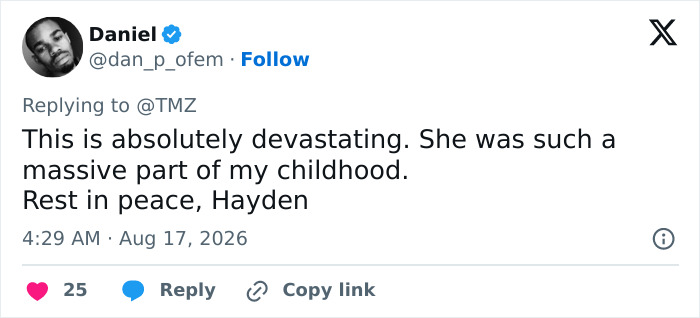 A fan tweets condolences for Hayden Panettiere, remembering her as a massive part of childhood, sparking dark theory. A fan tweets condolences for Hayden Panettiere, remembering her as a massive part of childhood, sparking dark theory.
