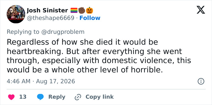 A tweet by Josh Sinister replying to @drugproblem, discussing heartbreak and domestic violence in relation to Hayden Panettiere’s passing. A tweet by Josh Sinister replying to @drugproblem, discussing heartbreak and domestic violence in relation to Hayden Panettiere’s passing.