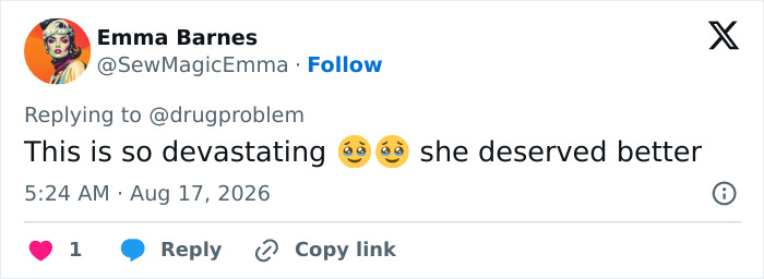 A tweet by Emma Barnes replying to @drugproblem, saying This is so devastating with emojis, concerning Hayden Panettiere’s passing. A tweet by Emma Barnes replying to @drugproblem, saying This is so devastating with emojis, concerning Hayden Panettiere’s passing.