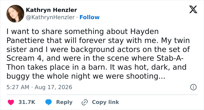Tweet from Kathryn Henzler about Hayden Panettiere's behavior under not-so-great conditions on set. Tweet from Kathryn Henzler about Hayden Panettiere's behavior under not-so-great conditions on set.