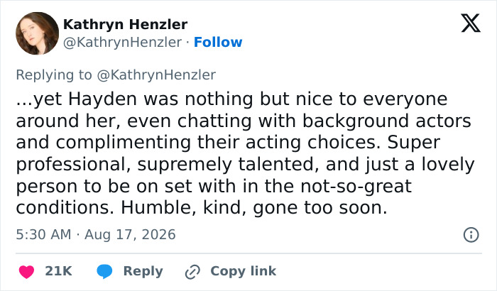 Kathryn Henzler's tweet praising Hayden Panettiere's behavior and professionalism on set in tough conditions. Kathryn Henzler's tweet praising Hayden Panettiere's behavior and professionalism on set in tough conditions.