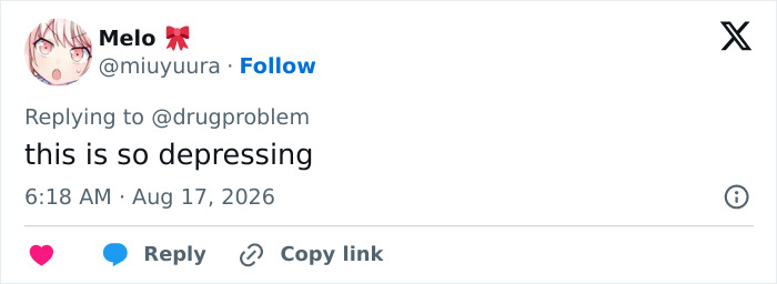 A tweet by Melo replying to @drugproblem, stating This is so depressing, relating to Hayden Panettiere’s boyfriend and her passing. A tweet by Melo replying to @drugproblem, stating This is so depressing, relating to Hayden Panettiere’s boyfriend and her passing.