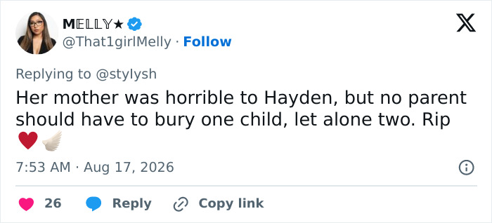 A social media post discussing Hayden Panettiere's devastating childhood history.
