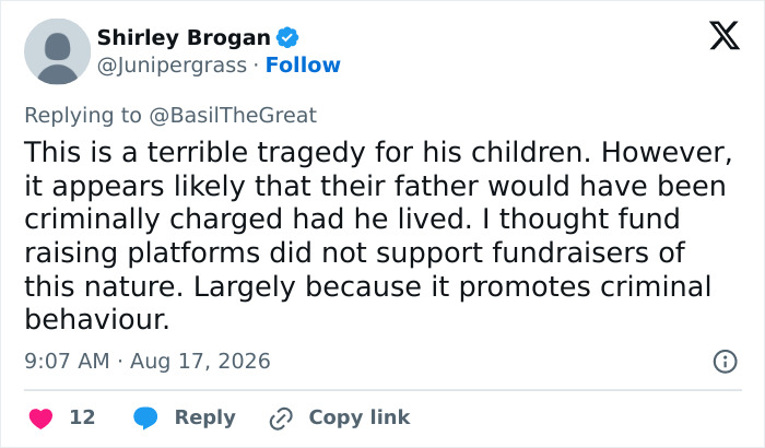 Tweet discussing the ex-Cambridge professor's tragedy for children and concerns about GoFundMe supporting criminal behavior. Tweet discussing the ex-Cambridge professor's tragedy for children and concerns about GoFundMe supporting criminal behavior.