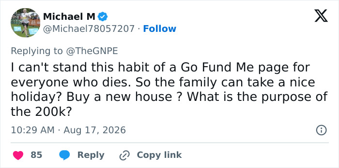 Tweet criticizing the GoFundMe for the ex-Cambridge professor, questioning the purpose of the 200k funds raised. Tweet criticizing the GoFundMe for the ex-Cambridge professor, questioning the purpose of the 200k funds raised.