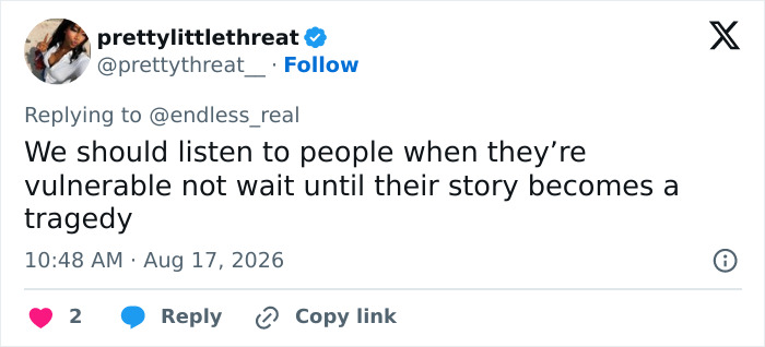 A social media post from @prettythreat_, replying to @endless_real, about Hayden Panettiere's struggles and tragedy. A social media post from @prettythreat_, replying to @endless_real, about Hayden Panettiere's struggles and tragedy.