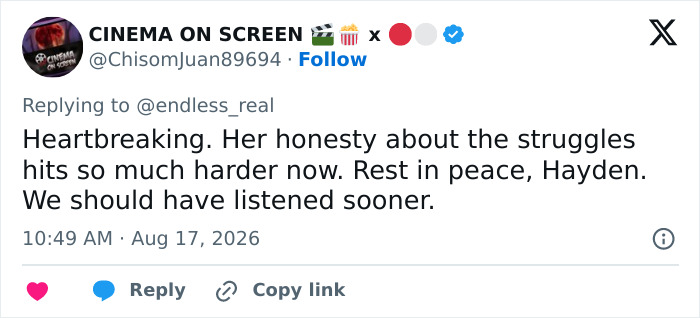 A social media post from @ChisomJuan89694, replying to @endless_real, saying Rest in peace, Hayden, discussing her struggles. A social media post from @ChisomJuan89694, replying to @endless_real, saying Rest in peace, Hayden, discussing her struggles.