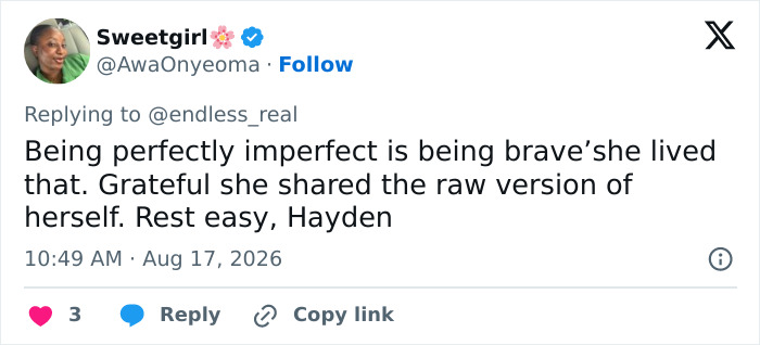 A social media post from @AwaOnyeoma, replying to @endless_real, about Hayden Panettiere, saying Rest easy, Hayden. A social media post from @AwaOnyeoma, replying to @endless_real, about Hayden Panettiere, saying Rest easy, Hayden.