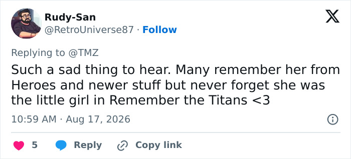 Screenshot of a tweet by Rudy-San remembering Hayden Panettiere from Heroes and Remember the Titans after her passing. Screenshot of a tweet by Rudy-San remembering Hayden Panettiere from Heroes and Remember the Titans after her passing.