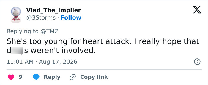 Screenshot of a tweet by Vlad_The_Implier about Hayden Panettiere's passing, hoping d***s were not involved. Screenshot of a tweet by Vlad_The_Implier about Hayden Panettiere's passing, hoping d***s were not involved.
