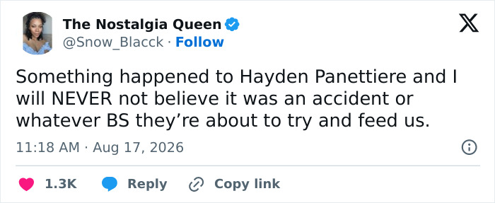 A tweet by The Nostalgia Queen discussing the heartbreaking final days of Hayden Panettiere and the alleged Hollywood turning. A tweet by The Nostalgia Queen discussing the heartbreaking final days of Hayden Panettiere and the alleged Hollywood turning.