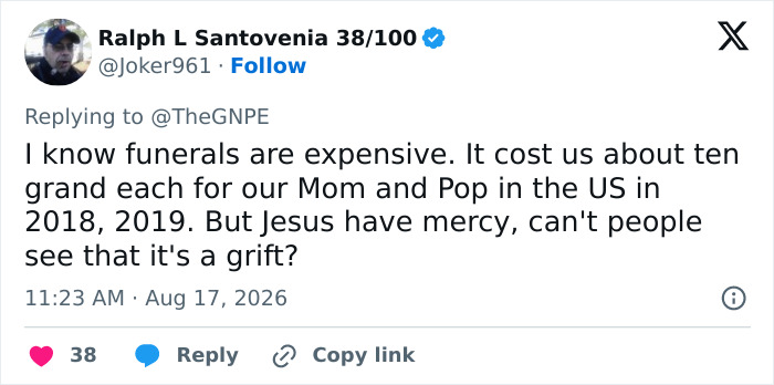 Tweet calling a GoFundMe a grift, discussing funeral costs, relevant to the Cambridge Professor PhD plagiarism scandal. Tweet calling a GoFundMe a grift, discussing funeral costs, relevant to the Cambridge Professor PhD plagiarism scandal.