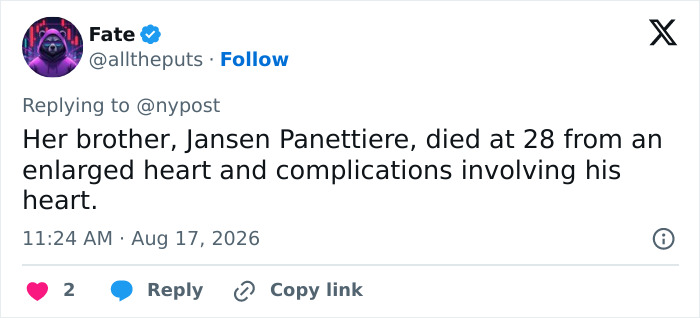 A social media post about Hayden Panettiere, mentioning her brother Jansen Panettiere's passing cause. A social media post about Hayden Panettiere, mentioning her brother Jansen Panettiere's passing cause.