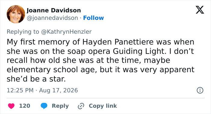 Joanne Davidson tweet about Hayden Panettiere's behavior, remembering her early acting career as a child star. Joanne Davidson tweet about Hayden Panettiere's behavior, remembering her early acting career as a child star.