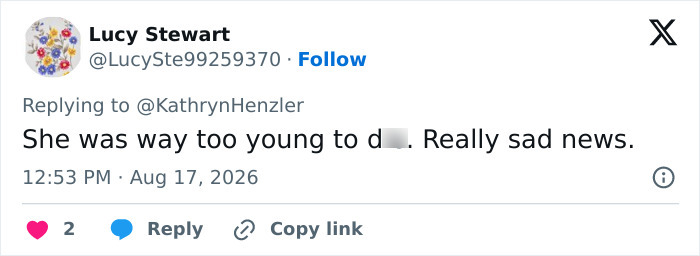 Lucy Stewart tweet expressing sadness about Hayden Panettiere's passing at a young age. Lucy Stewart tweet expressing sadness about Hayden Panettiere's passing at a young age.