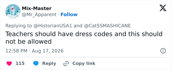 Teacher's OOTD post sparks controversy, showing a tweet stating Teachers should have dress codes and this should not be allowed. Teacher's OOTD post sparks controversy, showing a tweet stating Teachers should have dress codes and this should not be allowed.