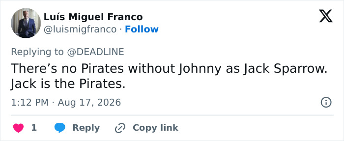 Tweet from a fan about the blockbuster franchise, highlighting Johnny Depp as Jack Sparrow and Margot Robbie's role. Tweet from a fan about the blockbuster franchise, highlighting Johnny Depp as Jack Sparrow and Margot Robbie's role.