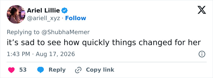 Ariel Lillie's tweet expressing sadness over how quickly things changed for Hayden Panettiere, Hollywood's alleged turning on her. Ariel Lillie's tweet expressing sadness over how quickly things changed for Hayden Panettiere, Hollywood's alleged turning on her.