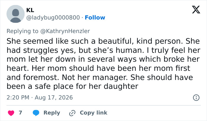 A tweet by KL reflecting on Hayden Panettiere's behavior under not-so-great conditions, noting her struggles and mother's role. A tweet by KL reflecting on Hayden Panettiere's behavior under not-so-great conditions, noting her struggles and mother's role.