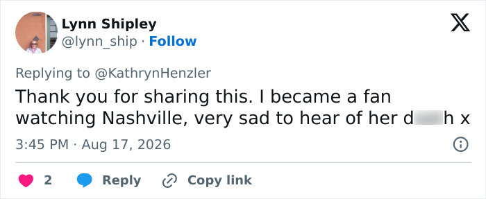 A tweet by Lynn Shipley expressing sadness about Hayden Panettiere's behavior under not-so-great conditions, being a fan from Nashville. A tweet by Lynn Shipley expressing sadness about Hayden Panettiere's behavior under not-so-great conditions, being a fan from Nashville.