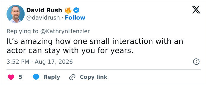 David Rush tweet about Hayden Panettiere's behavior, reflecting on lasting impact of actor interactions. David Rush tweet about Hayden Panettiere's behavior, reflecting on lasting impact of actor interactions.