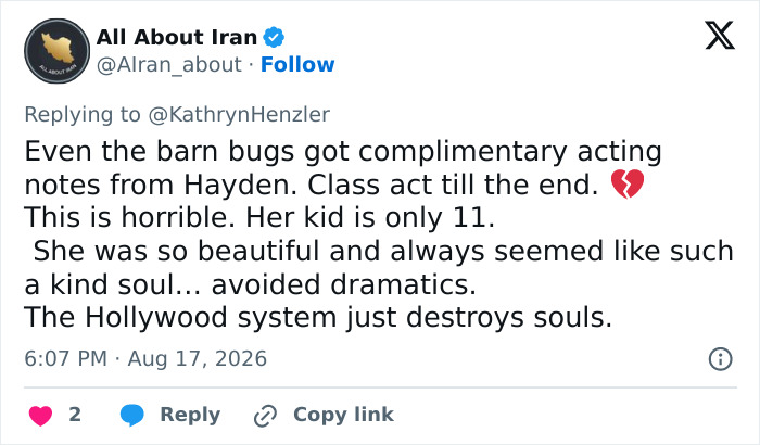 All About Iran tweet discusses Hayden Panettiere's kind behavior and the Hollywood system's impact on souls. All About Iran tweet discusses Hayden Panettiere's kind behavior and the Hollywood system's impact on souls.