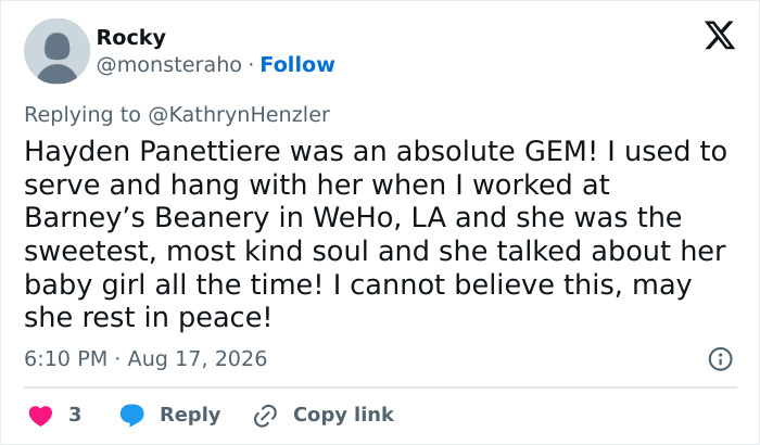 A tweet by Rocky praising Hayden Panettiere's behavior under not-so-great conditions, calling her a gem and kind soul. A tweet by Rocky praising Hayden Panettiere's behavior under not-so-great conditions, calling her a gem and kind soul.