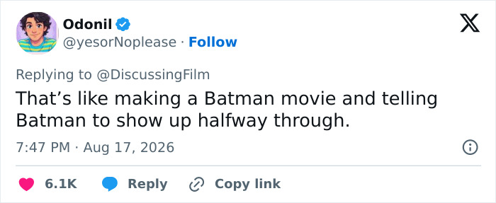 Odonil's Twitter reply to DiscussingFilm about Margot Robbie's rumored role: 'That's like making a Batman movie' Odonil's Twitter reply to DiscussingFilm about Margot Robbie's rumored role: 'That's like making a Batman movie'