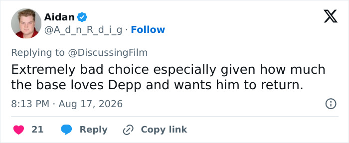 Aidan's Twitter reply to DiscussingFilm about Margot Robbie's rumored role: 'Extremely bad choice' Aidan's Twitter reply to DiscussingFilm about Margot Robbie's rumored role: 'Extremely bad choice'