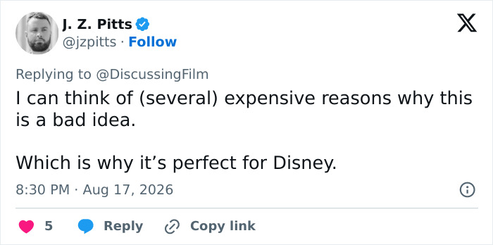 J. Z. Pitts's Twitter reply about Margot Robbie's rumored role: 'I can think of expensive reasons why this is a bad idea.' J. Z. Pitts's Twitter reply about Margot Robbie's rumored role: 'I can think of expensive reasons why this is a bad idea.'