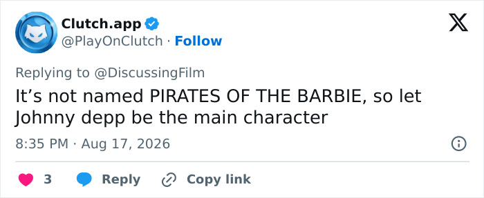 Tweet suggesting Johnny Depp should remain the main character for the blockbuster franchise, not Margot Robbie. Tweet suggesting Johnny Depp should remain the main character for the blockbuster franchise, not Margot Robbie.