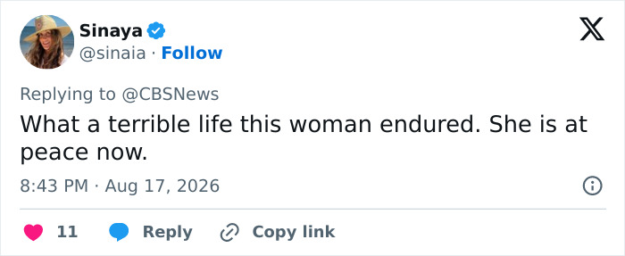 A tweet about a woman enduring a terrible life and being at peace, related to Hayden Panettiere's autopsy results. A tweet about a woman enduring a terrible life and being at peace, related to Hayden Panettiere's autopsy results.